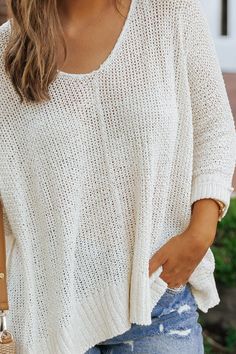 White Sweater For Spring, White Solid Color Sweater For Spring, Beige Knit Sweater Solid Color, White Solid Color Sweater For Fall, White Solid Color Fall Sweater, Beige Soft Knit Sweater For Spring, Chic Cream Open Knit Sweater, Chic Oversized Pointelle Knit Sweater, Everyday Open Knit Sweater