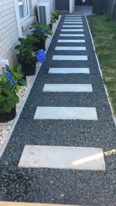 the walkway is lined with black and white stepping stones, along with blue flowers on either side