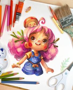 a drawing of a girl with pink hair and blue overalls is surrounded by crayons