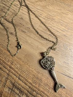 Handmade mermaid key necklace with antique bronze chain Metal Key Necklace Perfect As Gift, Antique Gold Necklaces With Two Keys, Bronze Brass Necklace With Keys, Gold Brass Necklace With Keys, Vintage Gold Necklaces With Keys, Vintage Gold Key Necklace, Handmade Mermaid, Key Necklace, Antique Bronze