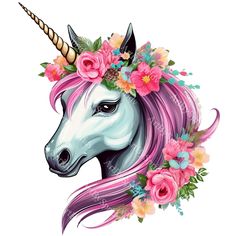 a unicorn with pink hair and flowers on it's head