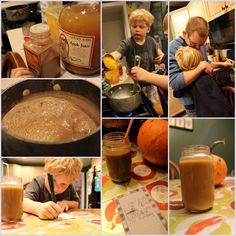 a collage of photos showing children making homemade peanut butter