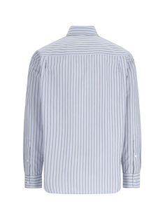 Closed striped shirt in light blue cotton with black stripe pattern, classic collar, button closure, logo embroidery on the chest, button cuffs, curved hem. Composition: 100% organic cottonSize and Fit: loose product made from organic materials Striped Cotton Shirt For Work, Classic Pinstripe Cotton Top, Classic Cotton Shirt With Striped Collar, Cotton Shirt With Striped Cuffs And Relaxed Fit, Blue Cotton Shirt With Signature Stripes, Cotton Button-up Shirt With Signature Stripes, Blue Cotton Shirt With Striped Cuffs, Classic Pinstripe Shirt With Contrast Stripes, Striped Cotton Shirt With Placket