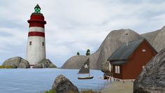 a red and white lighthouse sitting next to a small house on top of a hill