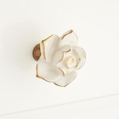 a white flower with gold accents on a white wall mounted cabinet doorknobl