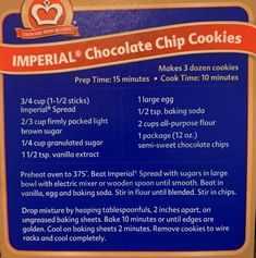 the ingredients for an imperial chocolate chip cookies