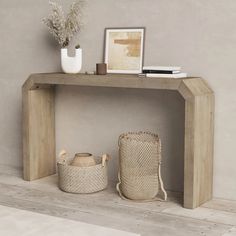 a wooden shelf with baskets and vases on it