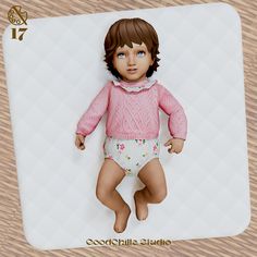 a digital image of a baby doll wearing a pink sweater and diaper