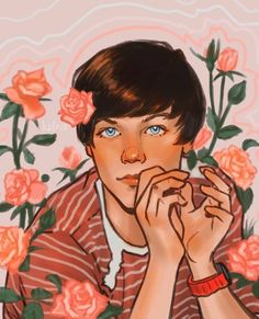 a drawing of a boy with roses around his neck and hands to his mouth, in front of a pink background