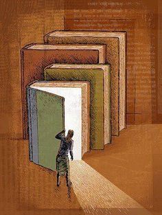 a drawing of a person standing in front of a stack of books with the door open