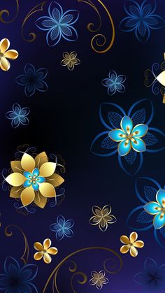 blue and gold flowers with swirls on a dark background, seamless pattern for fabric or wallpaper