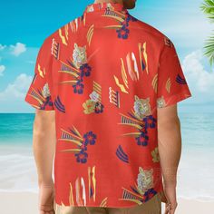 This custom Hawaiian shirt is a great gift idea, as well as a loose and comfy outfit that will keep you cool during the hot summer months. Coming up with a surprise for your loved ones is up to you. This present is appropriate for any occasion, and the receivers will surely love it! Product details: Material: Polyester fabric Feature: Featuring a spread collar, printed pattern all over the shirt, a front button fastening, short sleeves and a relaxed shape. The design is printed with new age printing technology, direct garment. It is printed with a water-soluble and eco-friendly ink. It is cured with a heat treatment process to ensure the color-fastness and lasting durability of the design. Care instruction: Machine wash cold with similar colors. Do not bleach, tumble dry low, do not iron, Relaxed Fit T-shirt With Camp Collar For Vacation, Vacation T-shirt With Relaxed Fit And Camp Collar, Hawaiian Cotton Camp Shirt With Sublimation Print, Casual Hawaiian Shirt With Graphic Print For Surfing, Cotton Hawaiian Camp Shirt With Sublimation Print, Hawaiian Style Top With Sublimation Print And Relaxed Fit, Orange Short Sleeve Camp Shirt For Vacation, Red Graphic Print Shirt For Vacation, Casual Orange Beach Shirt