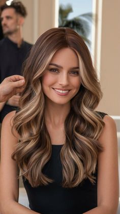 This warm caramel balayage enhances natural brunette hair, adding a sun-kissed glow that brings depth and shine to long, wavy locks. The rich caramel tones are perfect for creating a seamless transition between darker roots and lighter ends. Ideal for anyone looking to brighten their hair without a drastic change, this style is both flattering and easy to maintain, perfect for all seasons. Brown Hair With Blonde Ends, Chocolate Caramel Hair Color, Balayage On Brunette, Caramel Balayage Brunette, Warm Brunette Hair Color, Warm Caramel Balayage, Chocolate Brown Balayage, Curly Balayage Hair, Dark Hair Color Ideas