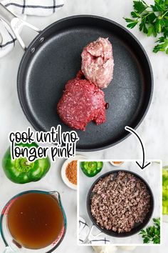 the ingredients for cooking meat in a skillet, including ground beef and broccoli