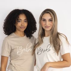 Bride & Babe Shirts - Semi-Fitted Semi-fitted bride & babe shirts make perfect gifts for the bride-to-be, bridesmaids, or even friends! Every bridal squad will love wearing these matching shirts for pictures! Each soft cotton jersey shirt has a crew neck with short sleeves and comes with the text style of your choice. NO RETURNS OR EXCHANGES ON SHIRTS/CLOTHING ITEMS. Size/Color Chart Sizing: Shirts are a women’s semi-fited style (if you want to tie a knot order a size up) Material: Natural: 100% White Bridal T-shirt With Short Sleeves, Fitted Short Sleeve Top For Wedding, White Fitted Top For Bachelorette Party, Fitted White Tops For Bachelorette Party, Fitted White Top For Bridesmaid, White Fitted Top For Bridesmaids, Cotton Short Sleeve Tops For Hen Party, White Fitted T-shirt For Bachelorette Party, White Short Sleeve Top For Hen Party