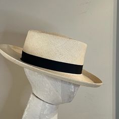 Unused Classic Light Straw Panama Hat With Wide Brim , Made In Usa. Brim Approx 3 1/4" Black Grosgrain Band Approx 1" Tag Reads Medium Non Smoking Home Classic Black Fitted Panama Hat, Black Fitted Classic Panama Hat, Fitted Black Classic Panama Hat, Chic Fitted Boater Hat With Flat Crown, Classic Panama Hat For Spring, Chic Fitted Panama Hat With Flat Brim, Chic Fitted Flat Brim Panama Hat, Classic Boater Hat For Spring, Formal Panama Hat With Flat Crown For Spring