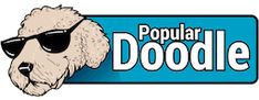 the logo for popular doodle with a dog wearing sunglasses on it's head