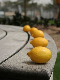 four lemons are lined up along the edge of a bench