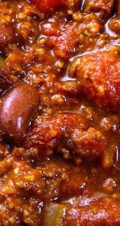 closeup of chili and beans in a pot