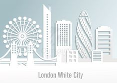 the london white city skyline with ferris wheel and skyscrapers, paper cut art style