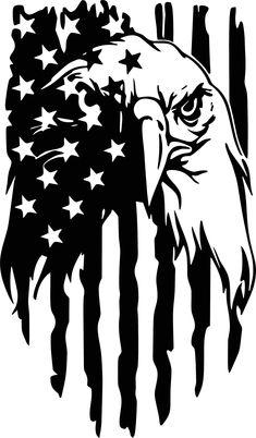 an eagle with the american flag on it's head is shown in black and white