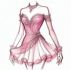 a drawing of a woman in a pink dress with pearls on the neck and sleeves