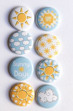 six buttons with the words sunny days written on them in different colors and shapes,