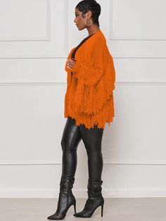 Material: Knit. 95% polyester & spandex.Feature: Tassel. soild color. long sleeve. ribbed. bodycon. cardigan.Style: Casual Fringe Knit Outerwear With Long Sleeves, Knit Long Sleeve Outerwear With Fringe, Long Sleeve Knit Outerwear With Fringe, Fall Fringe Cardigan, Knit Fringe Outerwear For Fall, Fringe Cardigan For Fall, Fringe Cardigan For Fall Layering, Knit Outerwear With Fringe For Fall, Long Sleeve Fringe Cardigan For Fall