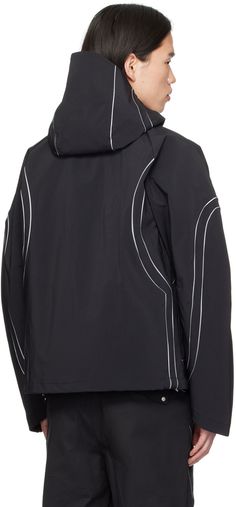 Water-repellent 3L nylon taffeta jacket. 3M reflective piping throughout. · Paneled construction · Bungee-style drawstring at hood and hem · Funnel neck · YKK® Aquaguard® zip closure · Zip pockets and seam pockets · Pleats at raglan sleeves · Welt pocket at interior · Full twill lining Supplier color: Black Black Akaza, Taffeta Jacket, 3m Reflective, Funnel Neck, Funnel, Welt Pocket, Raglan Sleeve, Repellent, Water Repellent