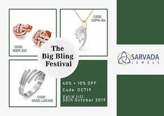 Last few days to get 40% + additional 10% discount on diamond jewellery, use code: OCT19, valid till 30th October only! Shop now on SarvadaJewels.com #diamonds #diamondjewellery #Diwali2019 #DiwaliSale #TheBigBlingFestival #Sale #Offer #OnlineShopping #diamondrings #diamondearrings Diwali Sale, Diamond Jewelry, Diamond Earrings, Shop Now, Coding