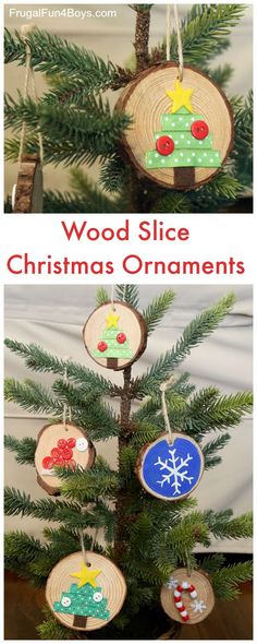 wood slice christmas ornaments hanging from a tree