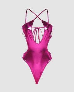 Details: Bodysuit with front cut-out details and reflective fabric design Top Length: Long Sleeve Length: Sleeveless Materials:95% Polyester + 5% Spandex 80s Bodysuit, Reflective Fabric, Backless Swimwear, Halter Bodysuit, Cotton Decorations, Trend 2024, Plus Size Swim, Rose Rouge, Vacation Beach