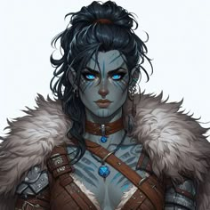 an image of a woman with blue eyes and fur on her head, wearing armor