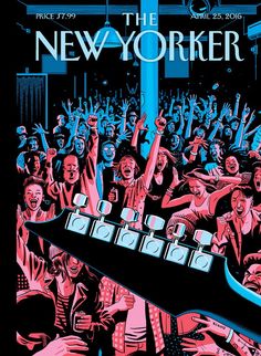 the new yorker concert poster is shown in red and blue colors, with people raising their hands