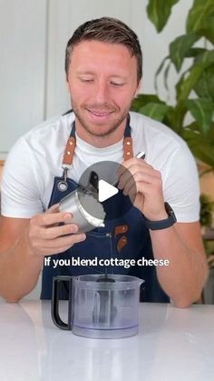 a man in an apron is making something out of a blender and has the words if you blend cottage cheese on it