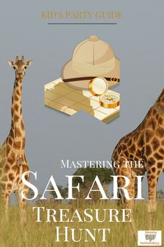 two giraffes standing next to each other in tall grass with the words mastering the safari treasure hunt