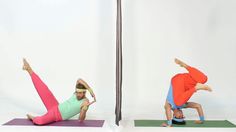 two people doing yoga poses in front of a pole