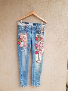 Distressed Vintage Boyfriend Jeans/Hipster Jeans/All | Etsy Trendy Distressed Multicolor Jeans, Hippie Fitted Denim Jeans, Trendy Fitted Jeans With Patches, Trendy Distressed Jeans For Festival, Trendy Festival Jean Shorts, Bohemian Style Fitted Mid-rise Jeans, Bohemian Mid-rise Fitted Jeans, Bohemian Fitted Mid-rise Jeans, Bohemian Denim Jeans With Patches