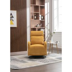 a yellow recliner chair sitting in front of a book shelf