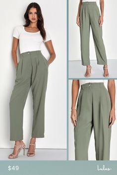 Leave everyone in awe of your posh presence in the Lulus Sophisticated Company Sage Green Straight Leg Trouser Pants! These chic pants keep things classy with their flat woven composition and high-waisted fit, complete with belt loops, a tortoise top button-closure, and a hidden zip fly. The straight pant legs feature light pleating, side seam pockets, and decorative welt pockets at back before ending at tailored, ankle-length hems. Elastic at back for fit. Fit: This garment fits true to size. L Elegant Green Wide Leg Pants With Pockets, Chic Green Dress Pants For Office, Elegant Green Wide Leg Office Pants, Elegant Green Wide Leg Business Casual Pants, Elegant Green Wide Leg Pants For Business Casual, Elegant Green Wide Leg Pants For Office, Elegant Green Bottoms With Welt Pockets, Chic Semi-formal Dress Pants With Pockets, Elegant Green Bottoms With Belt Loops