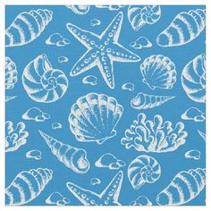 a blue background with shells and starfish