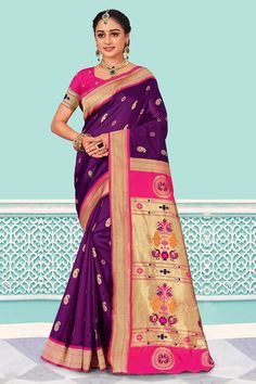 PURPLE PAITHANI ART SILK SAREE Luxury Purple Paithani Silk Lehenga, Luxury Paithani Silk Choli With Traditional Drape, Luxury Paithani Silk Choli For Festivals, Luxury Purple Paithani Silk Pre-draped Saree, Luxury Paithani Silk Choli For Transitional Seasons, Luxury Multicolor Paithani Silk Choli, Luxury Purple Paithani Silk Blouse Piece, Luxury Paithani Silk Lehenga For Puja, Purple Silk Saree