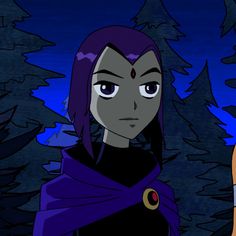 an animated image of a woman with purple hair and blue eyes standing in front of trees