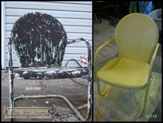 before and after photos of an old chair that has been painted yellow with green paint