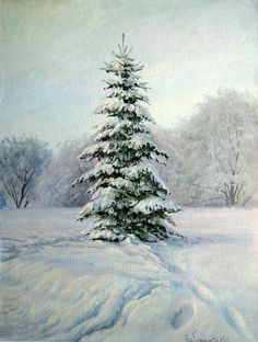 a painting of a snow covered pine tree in the middle of a snowy field with trees