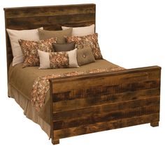 a wooden bed frame with pillows on it