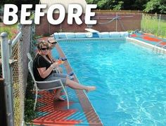 a woman sitting in a chair next to a swimming pool with the words before written on it