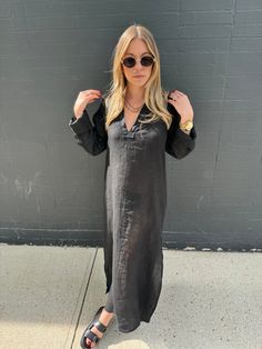 Embrace your inner fashionista with our Positano Maxi Dress. Made from 100% Italian linen, this semi-sheer dress is both light and airy, perfect for those warm summer days. Benissimo! Long sleeve sheer dress Black Light and airy One size fits most Maxi or midi depending on height Model is 5’2, wearing a S Material: 100% Italian linen Wash: Hand wash recommended. Hang to dry. Chic Long Sleeve Maxi Dress For Beach, Casual Long Sleeve Midi Dress For Beach Season, Chic Linen Maxi Dress For Day Out, Breezy Long Sleeve Maxi Dress For Vacation, Casual Tunic Maxi Dress For Spring, Summer Long Sleeve Midi Dress For Beach, Casual Long Sleeve Maxi Dress For Beach Season, Summer Long Sleeve Midi Dress For Beach Cover-up, Chic Flowy Linen Dress