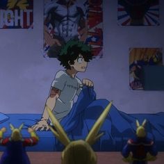 two anime characters standing in front of a bed