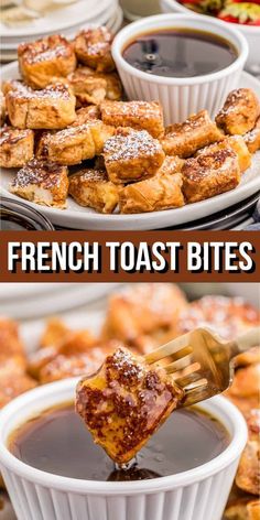 french toast bites being lifted from a white dish with chocolate sauce and powdered sugar